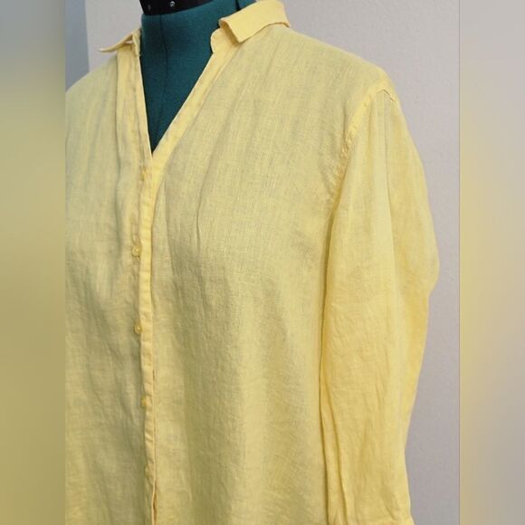 Investments 100% Linen V Neck Button Down Shirt 3/4 Sleeve Yellow Lagenlook XL - Picture 3 of 8
